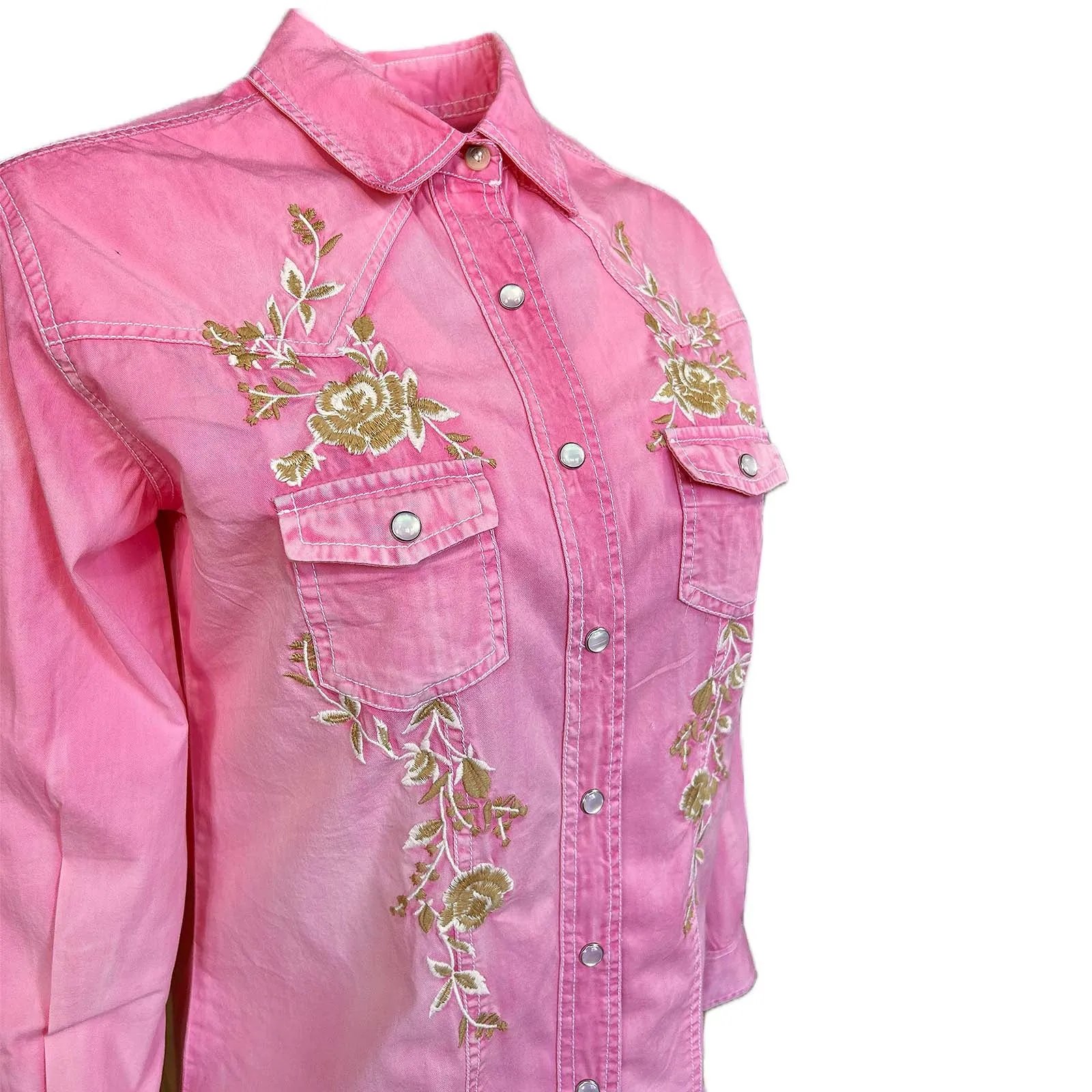 Women's Soft Pink Floral Embroidered Western Shirt